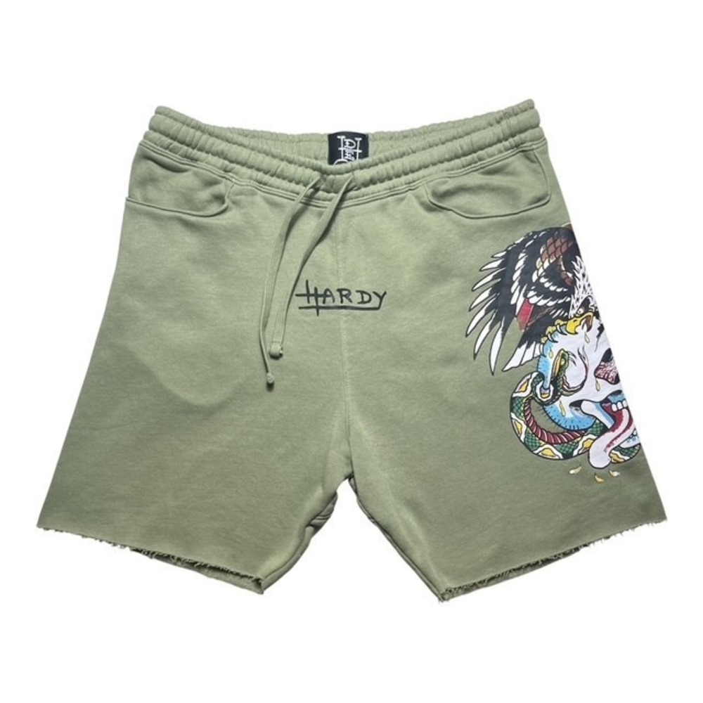Ed Hardy Mens Sz L Olive Green Fleece Sweat Shorts Graphic Print Skull - 1903
